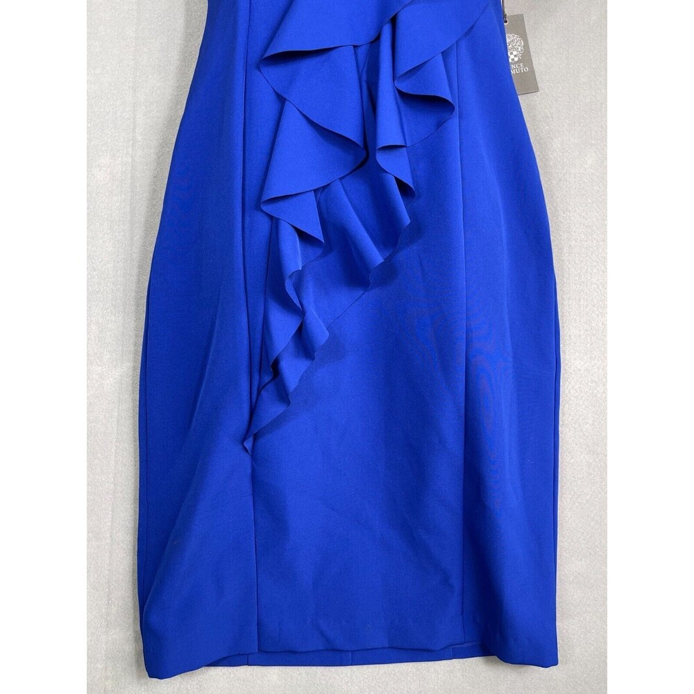 Vince Camuto Women's Size 4 Halter Neck Laguna Crepe Body Con Dress Blue Ruffle - Picture 4 of 13